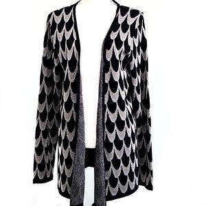 Philosophy Sweater with front waterfall opening. black, metallic silver